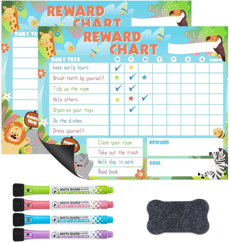 Thboxes 2 Packs Magnetic Reward Charts for Children 25.5x20.5 cm Cute Animals