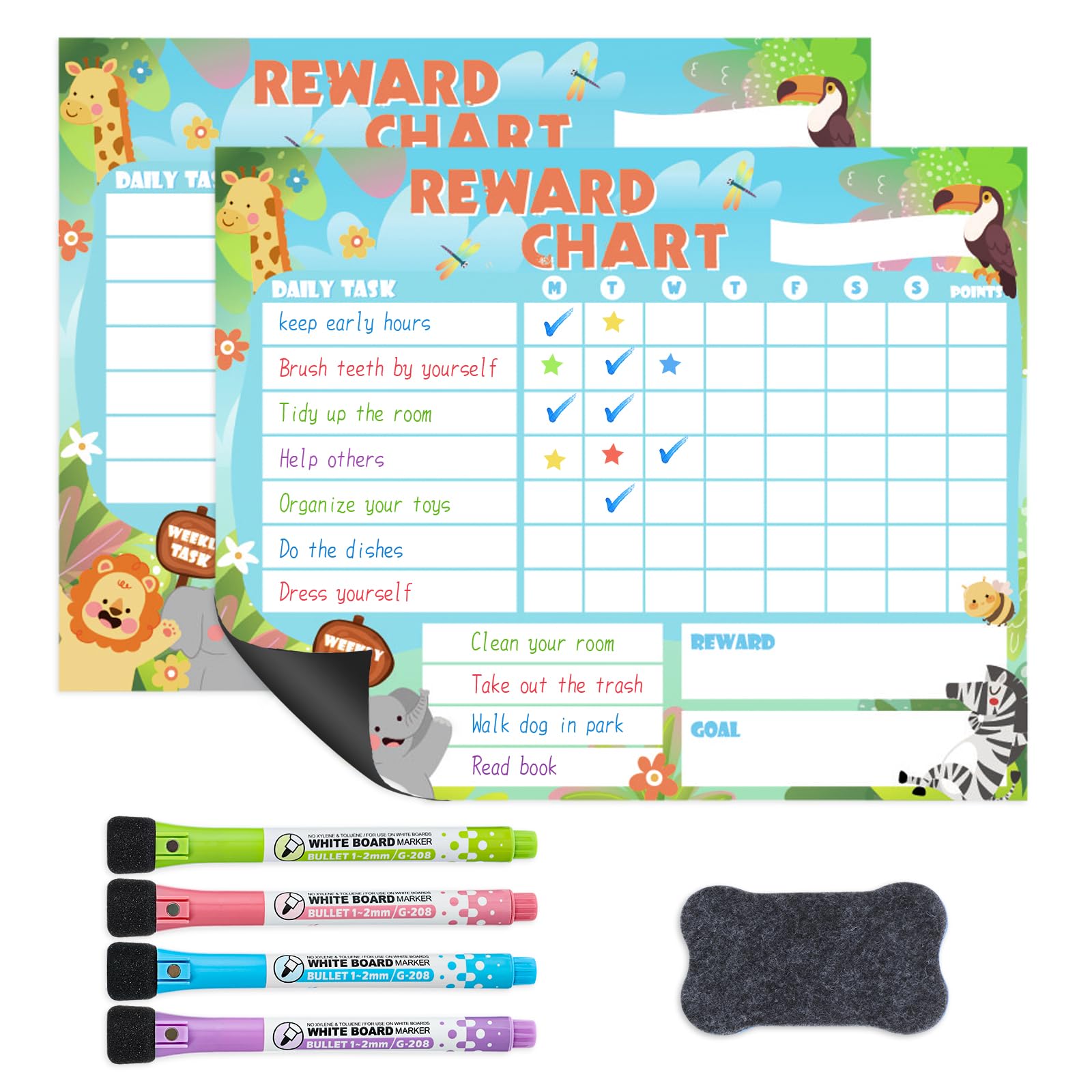 2 Packs Magnetic Reward Charts for Children Behaviour, Reusable Fridge Behaviour Chores Charts for Kids to Motivate Responsibility & Good Habits, with 4 Markers & 1 Eraser, 25.5*20.5cm (Cute Animals) — image 1