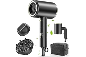 MESHEEN Hair Dryer, 150000RPM Ionic Blow Dryer - Fast Drying, Low Noise, Foldable Portable with Diffuser and Nozzle, Compact Mini for Women and Men, Home and Travel - Black