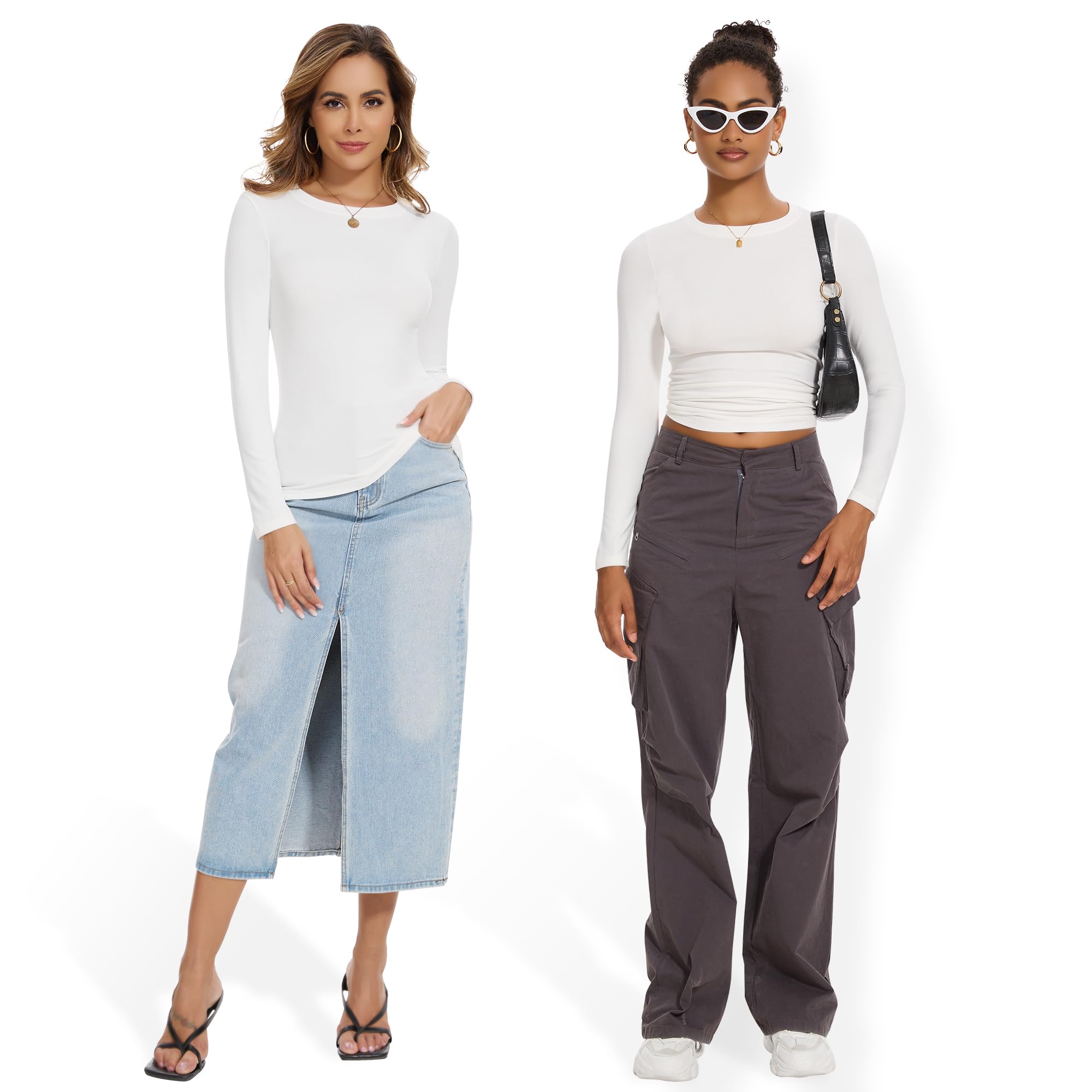 MLYENX 3 Pack Womens Long Sleeve Shirts Crew Neck Basic Stretchy Fitted Y2K Tops Going Out Fashion Clothes