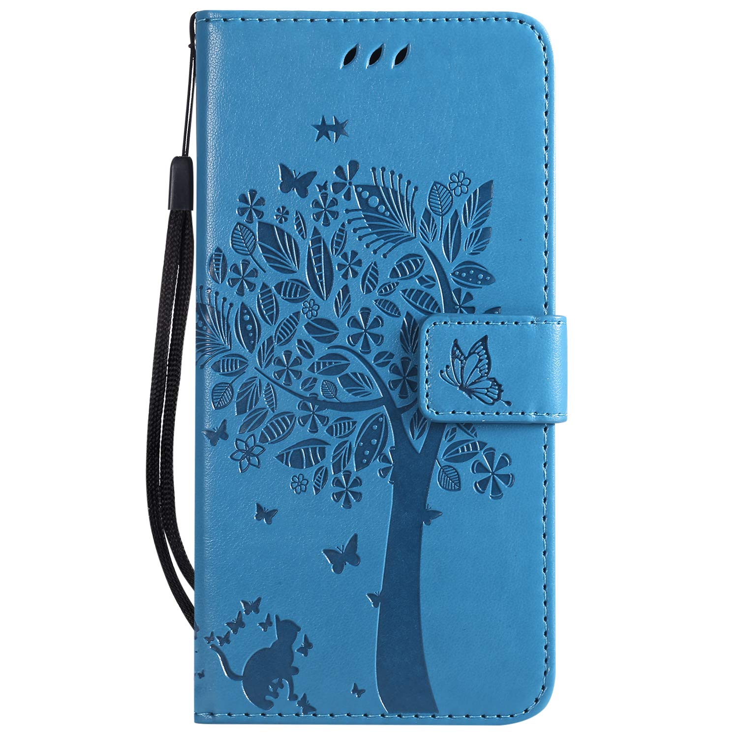 Thoankj Samsung Galaxy A10 Case 2019, PU Leather Flip Notebook Wallet Cover Embossed Cat Tree with Magnetic Stand Card Holder Slot Folio Soft TPU Bumper Protective Case for Samsung Galaxy A10 Blue