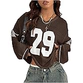 BEAUDRM Women's Y2k Tops Graphic Oversized Crochet Jersey Shirt V Neck Long Sleeve Knit Pullover Sweater Going Out Top