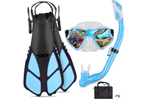 AosDero Kids Snorkeling Set - Adjustable Flippers + Panoramic Snorkel Mask + Dry Snorkel Tube + Travel Bags - Suitable for Kids & Juniors, Age 5-14