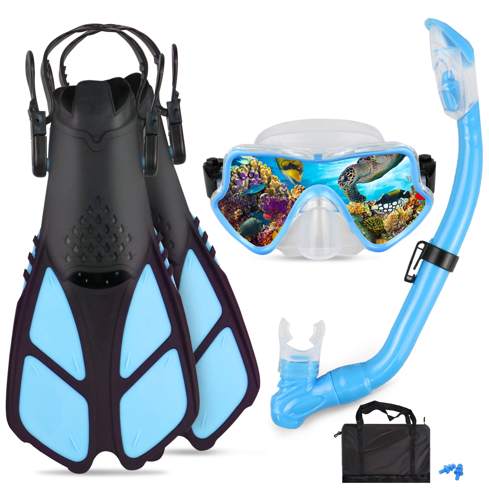 Photo 1 of AosDero Kids Snorkeling Set Adjustable Swimming Flippers+Panoramic Snorkel Mask+ Dry Snorkel Tube+ Travel Bags Suitable Snorkeling Gear for Kids,Juniors,Age 5-14
