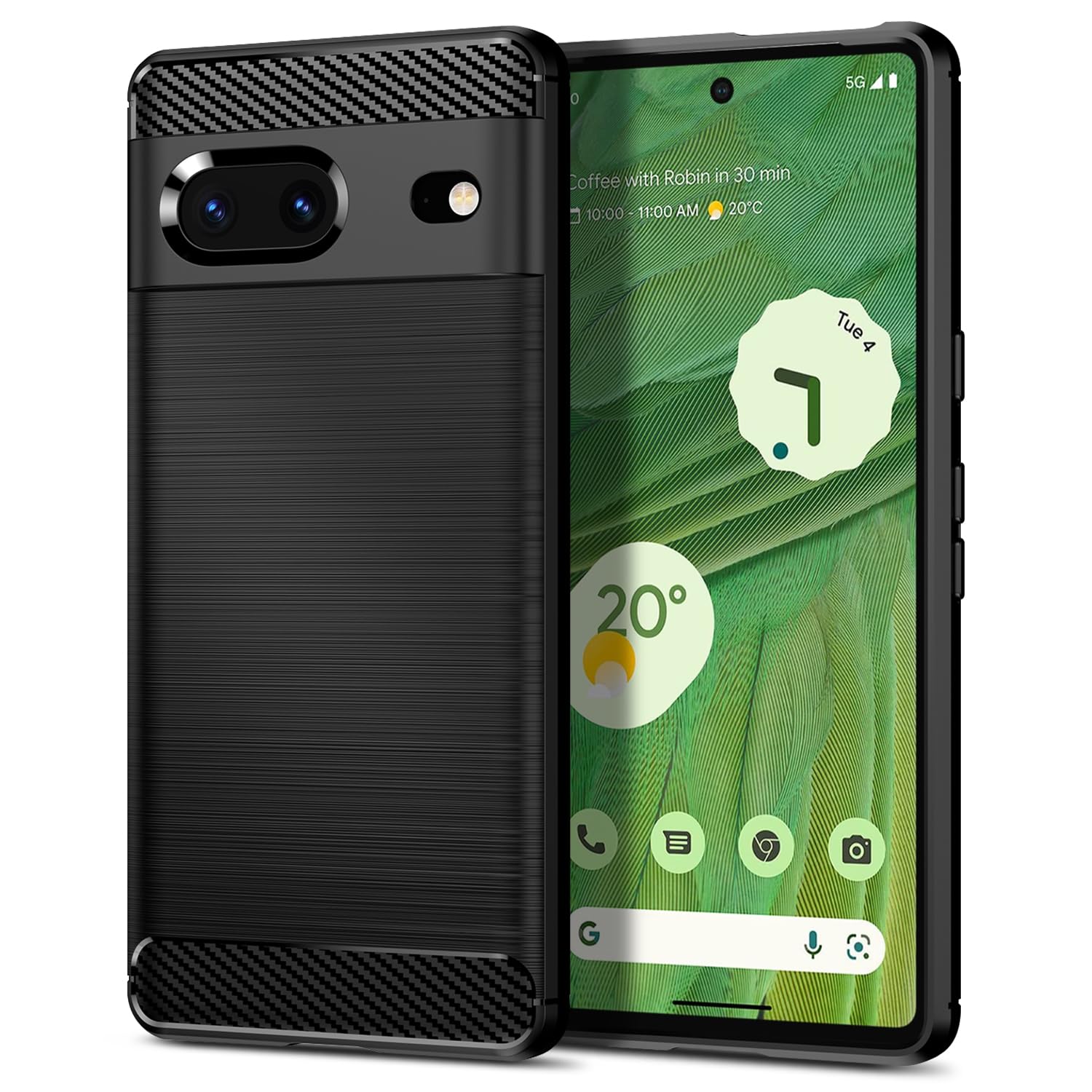 Qiinogow Case Compatible with Google Pixel 7, Slim Fit Phone Cover with Shock-Absorption, Carbon Fiber TPU Rubber Protective Case, Black