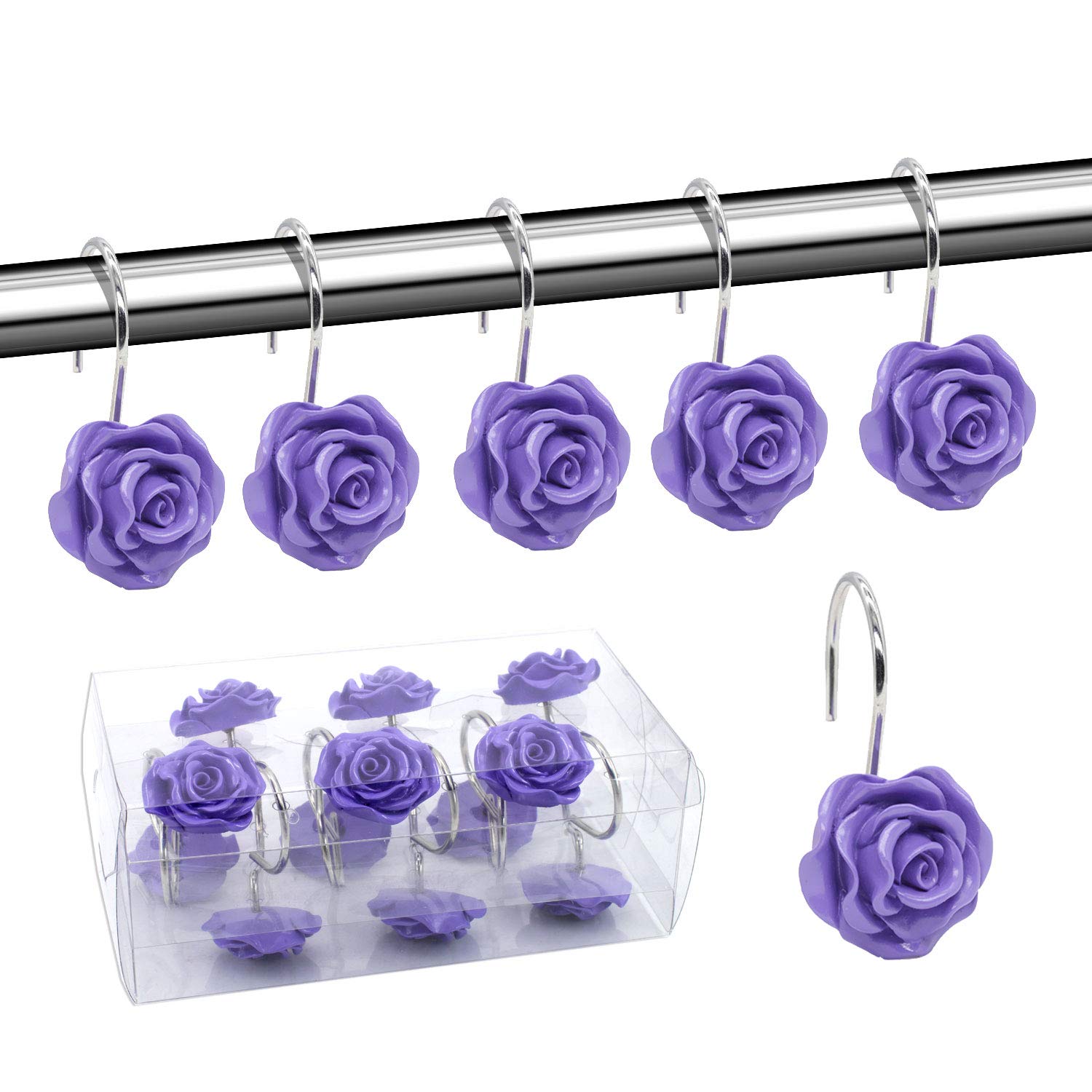 BEAVO Shower Curtain Hooks, Home Decorative Rustproof Shower Curtain Hooks Resin Rose Flower Shower Hooks Rings for Bathroom Shower Rods Curtains,Set of 12 Hooks (Purple)