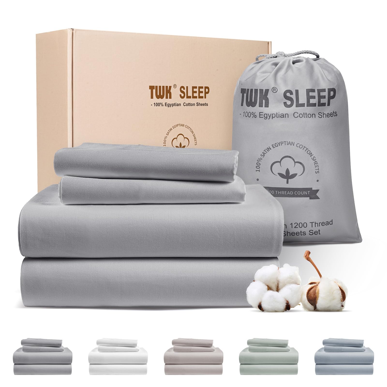 Photo 1 of TWK 1200 TC 100% Egyptian Long-Staple Cotton Bedding Sheets Set, Luxury Hotel Style Deep Pocket with Elastic Reinforced Seams Sheet Set, Soft & Comfy Natural Sheets (Gray, Full)