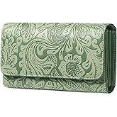GOIACII Women's Wallet RFID Blocking Long Clutch Ladies Purse Vegan Leather Embossed Flower Green
