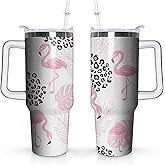 40 oz Flamingo Tumbler with Handle and Straw Lid,Leak Proof Travel Stainless Insulated Tumbler,Cup Holder Friendly,Perfect for Outdoor Travel Car and Sports