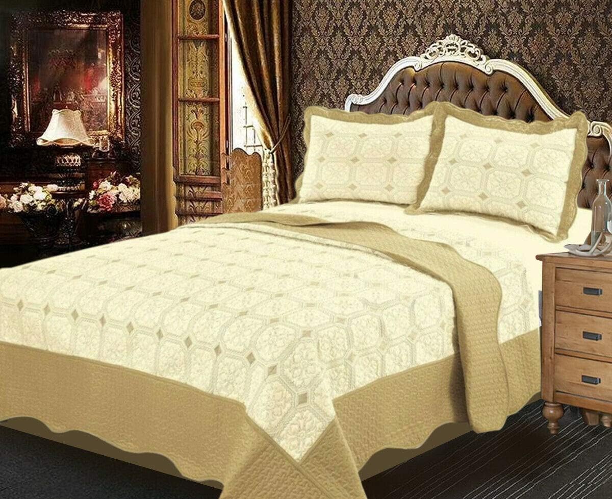 3 Piece Poly Cotton Floral Embroidered Quilted Bedspread Comforter Throw Bedding (Double Bed, Beige)