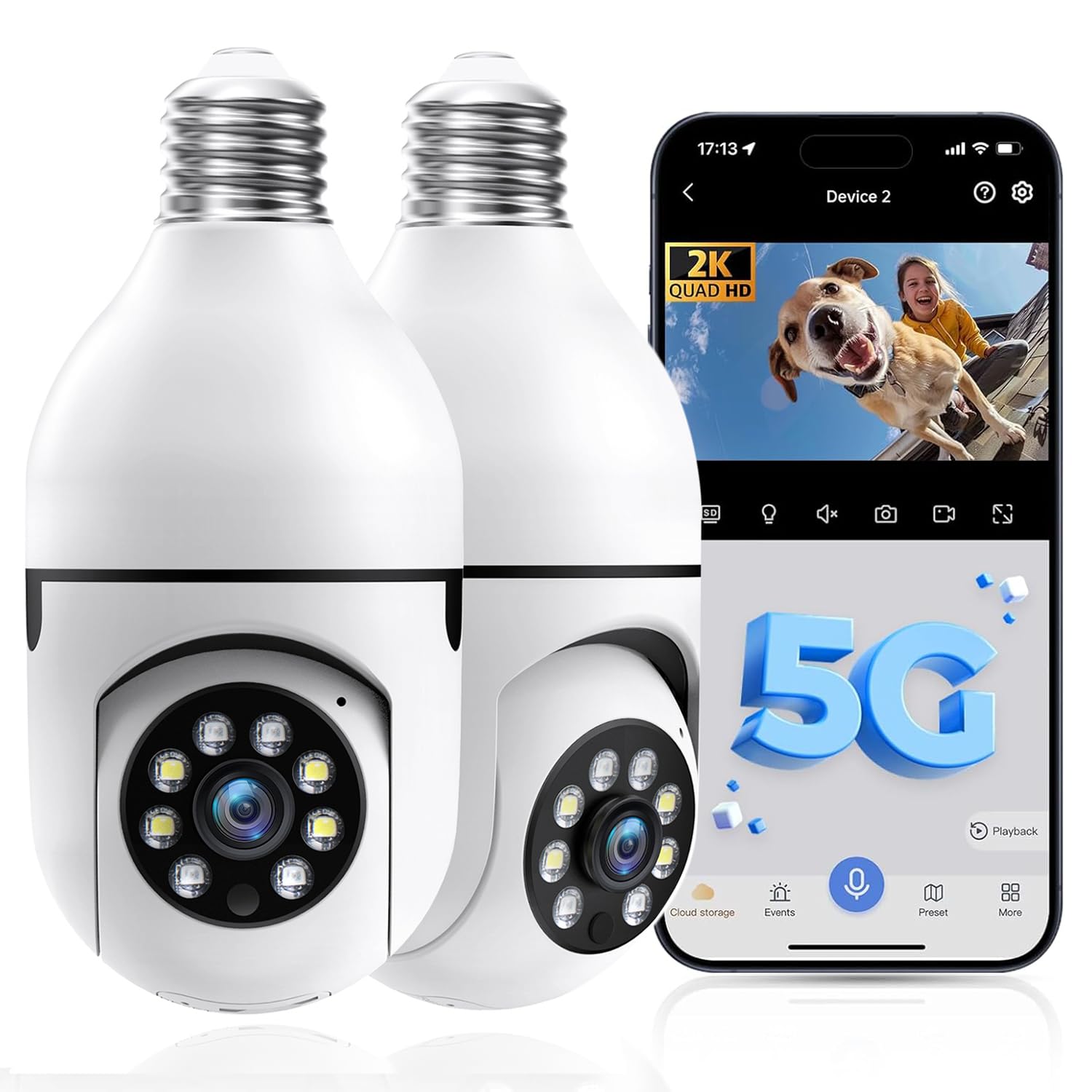 Photo 1 of Light Bulb Security Camera, 5G/2.4GHz Lightbulb Wireless Security Cameras Outdoor with E27 Socket, Motion Detection and Siren Alarm,Two-Way Talk,Bulb Camera Color Night Vision 2 Pack