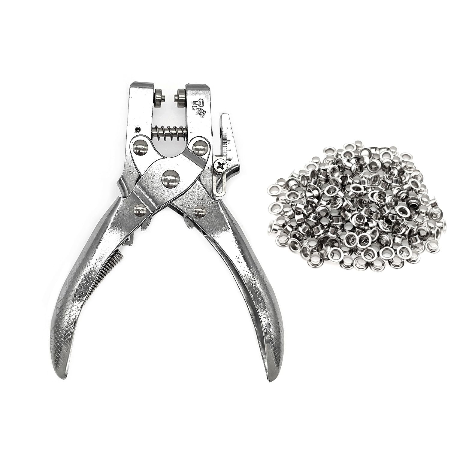 JZK Heavy Duty 5mm Single Hole Punch and Eyelet riveting Pliers Set with 200 Silver Rivet for Paper Cardboard Leather Belt Cloth Thin Plastic, Metal Stud Punch kit Hole Puncher Tool