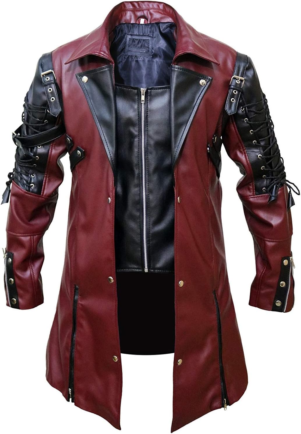 FaddyRox Steampunk Gothic Men Faux Leather Maroon & Black Coat Jacket, XXS - 3XL