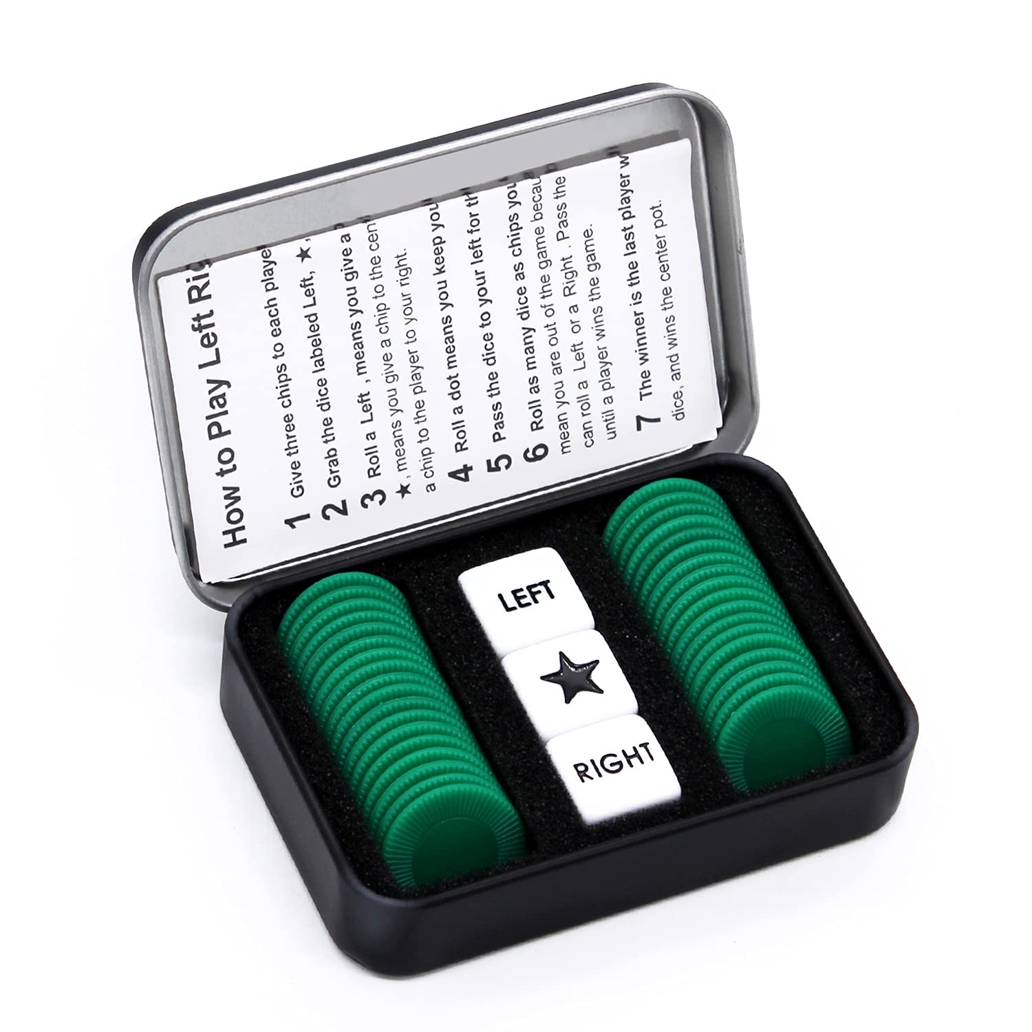 Bilywey Left Right Center Dice Game Set with 3 Dices + 36 Chips (Green)