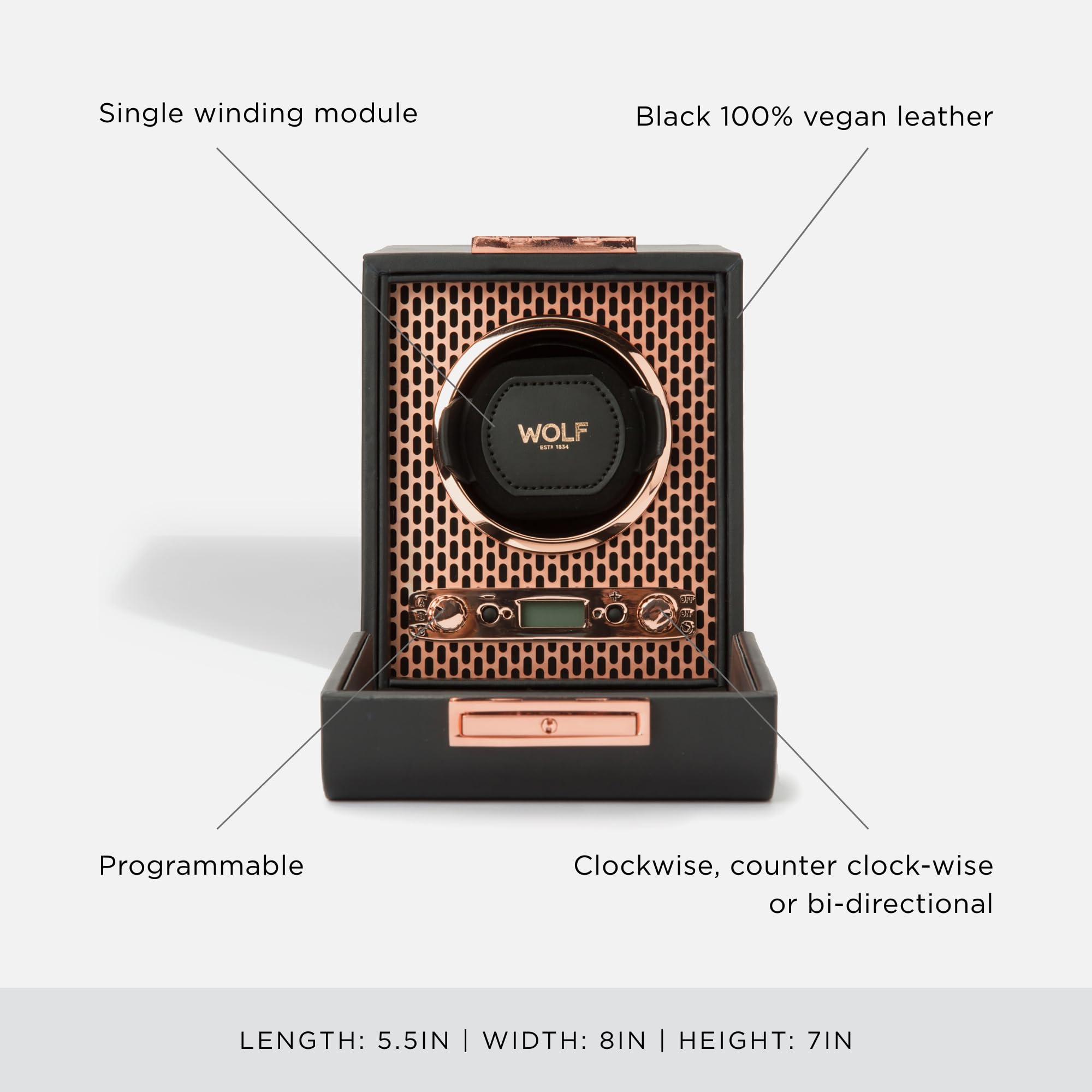 Wolf Designs Wolf Axis Watch Winder with Glass Cover - Secure Fit with Patented Lock-in Dynamic Cuff - Accommodates All Wrist Sizes - Vegan Leather - Includes Universal Adapter
