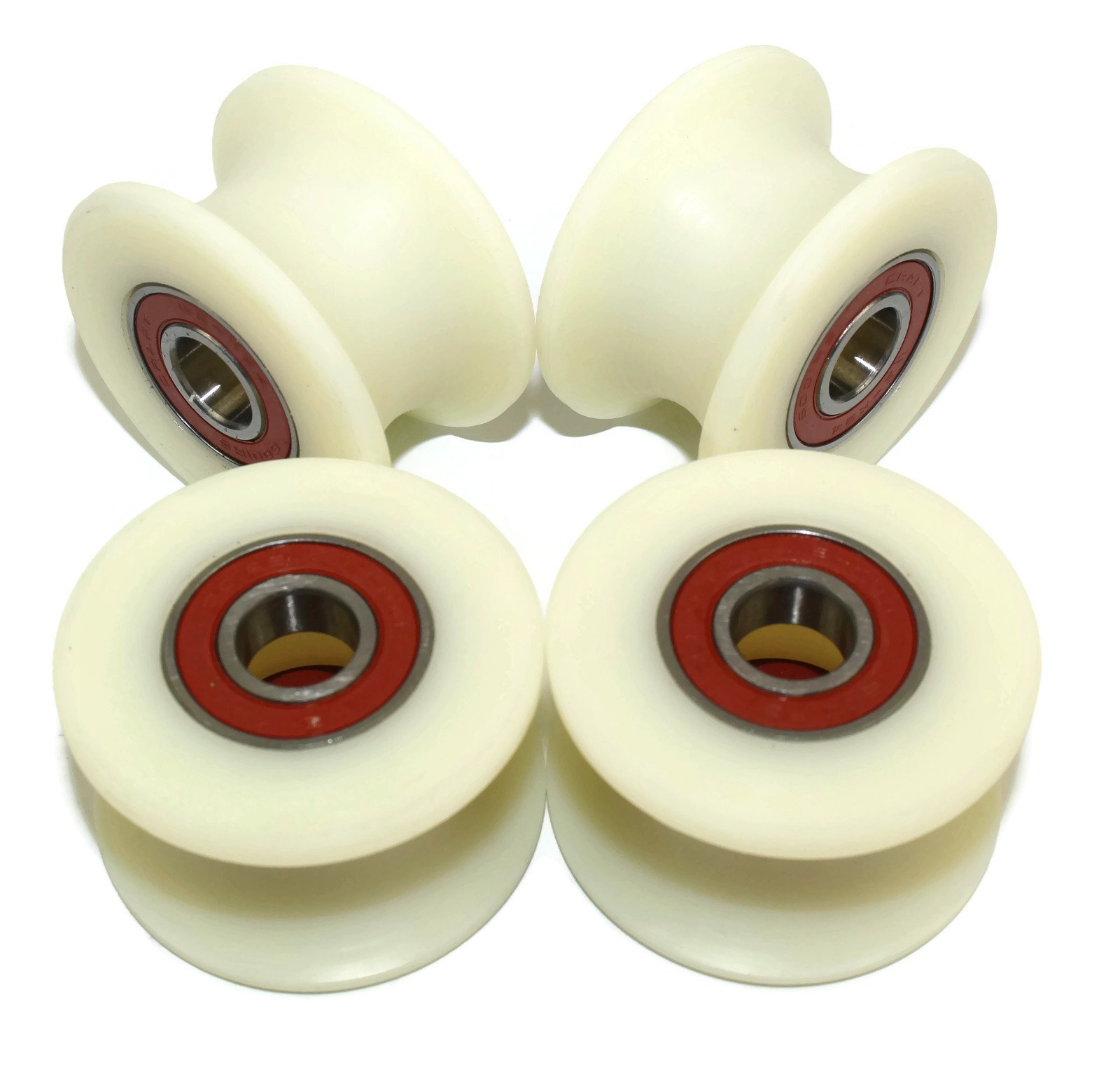 (50-25-12) Pack of 4 x 50 mm Machined Nylon Pulleys Sheaves Wheels with 25 mm Groove Made in the EU (12 mm Bearings)