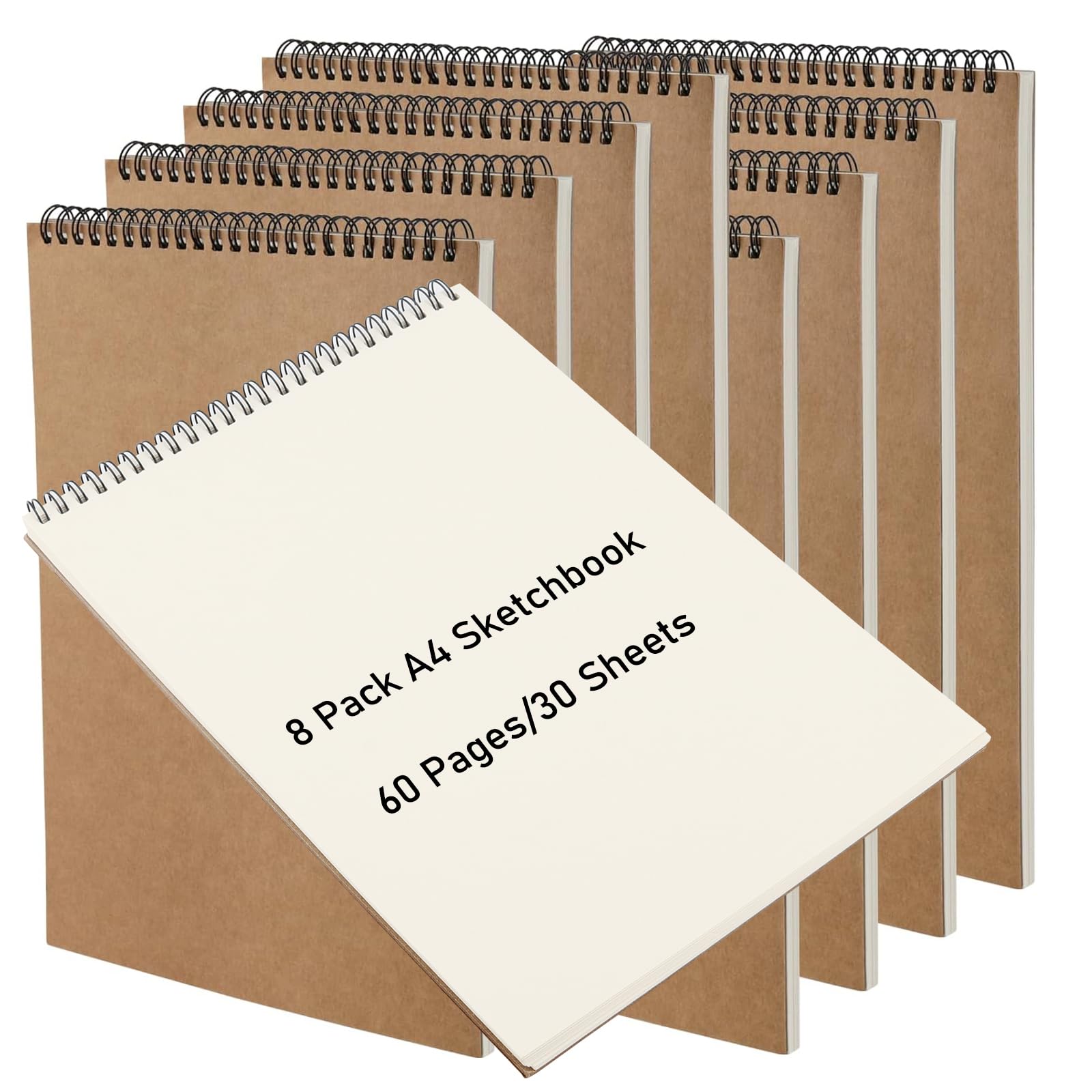 ZOENHOU 8 Pack 60 Pages/30 Sheets A4 Sketch Book, 160 GSM Hardback Spiral Bound Sketchbook Landscape Sketch Pad, A4 Drawing Pad for Artists, Brown