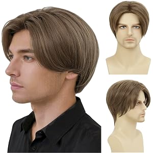 incohair Mens Wig Short Straight Mix Brown Wig for Men Middle Part Realistic Synthetic Wig, Heat Resistant Hair for Daily, Pa
