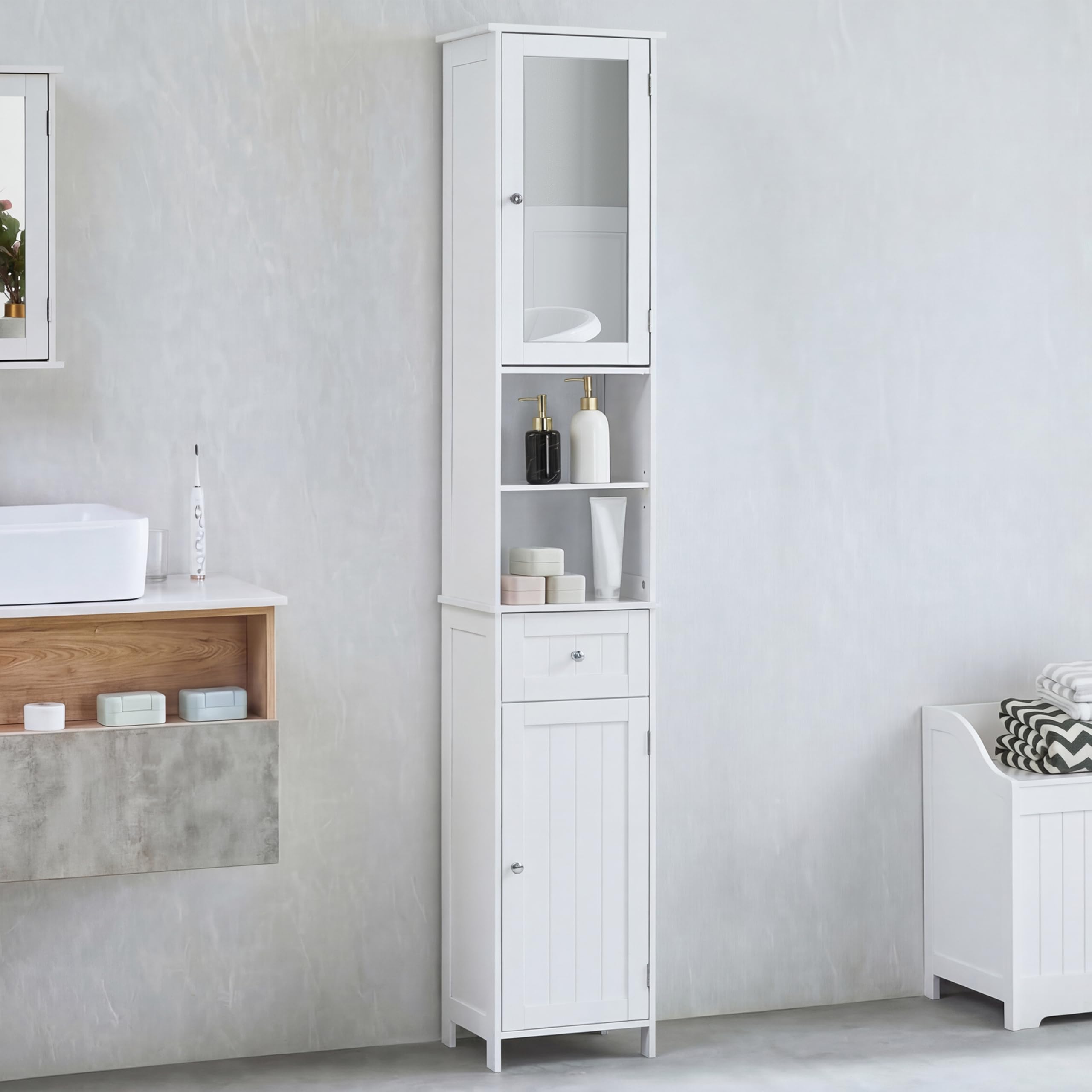 Bath Vida Priano Tall Mirrored Bathroom Cabinet Storage Cupboard Floor Standing Tallboy Unit, White