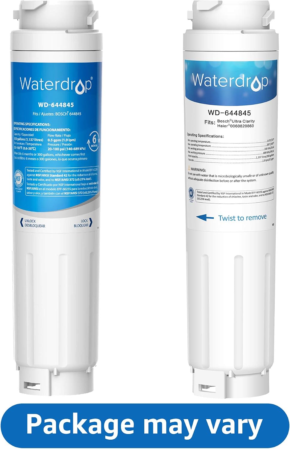 Waterdrop WD-F25 Fridge Water Filter, Replacement for Bosch® Fridge UltraClarity 644845, 740560 9000077104 (2 Pack) - Image 3