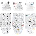 Exemaba Baby Swaddle Sleep Sack with Hat Set for 0-3 months 3-Pack Soft Cotton Newborn Wearable Swaddle Wrap for Girls Boys