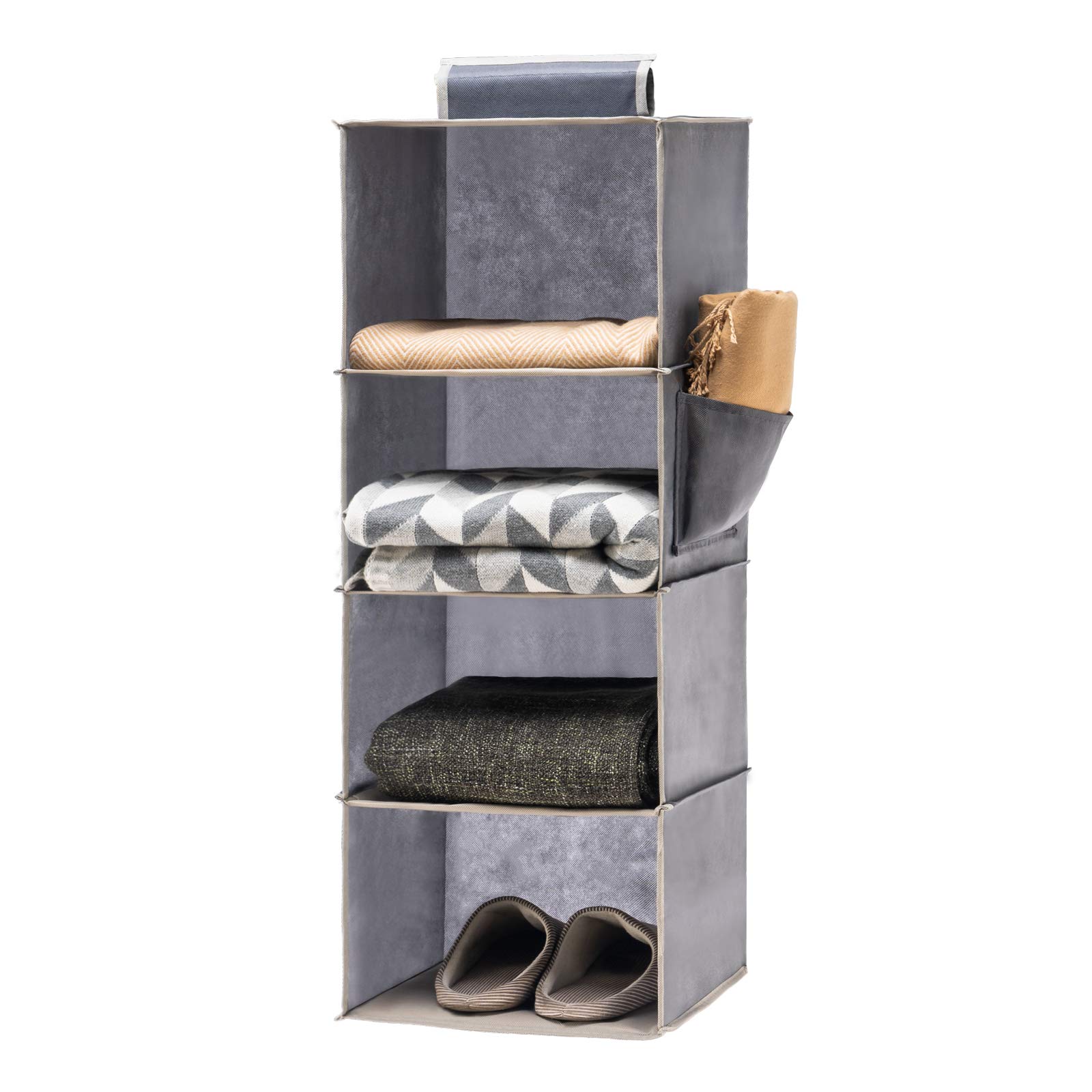 YOUDENOVA Hanging Closet Storage Organizers 4 Shelves Wardrobe Storage Hanging Shelves With Side Pockets Clothes Organiser Bedroom Storage Grey