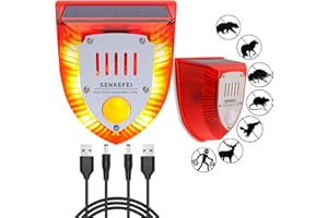 SENKEFEI SS Solar Outdoor Motion Sensor Alarm - with Dog Barking & Gunshot Sounds,Keep Your Family Safe,129db Sound Security Siren and LED Flashing Warning Strobe Light for Home, Villa, Farm, Barn (Red 1pack)