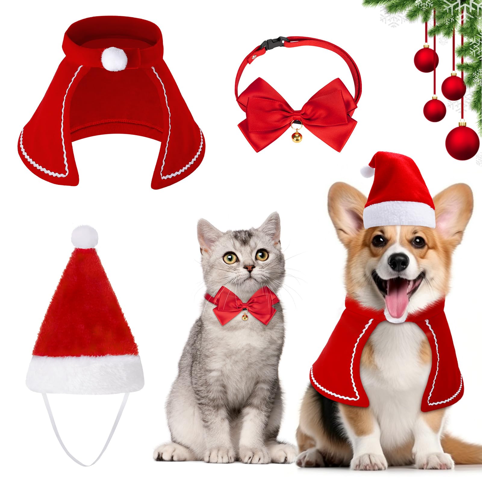 MELLIEX 3 Piece Christmas Cat Costume Dog Costume with Christmas Hat