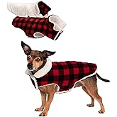 Furhaven Reversible XS Dog Coat, Washable & Insulating w/ Leash Access - Sherpa & Plaid Fleece Flex-Fit Jacket - Cream/Red, Extra Small