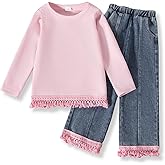Voxikidio 3-7 Years Toddler Girls Pants Set - Tassel Top & Washed Denim Pants Fall Winter Clothing Outfits Set for Girls