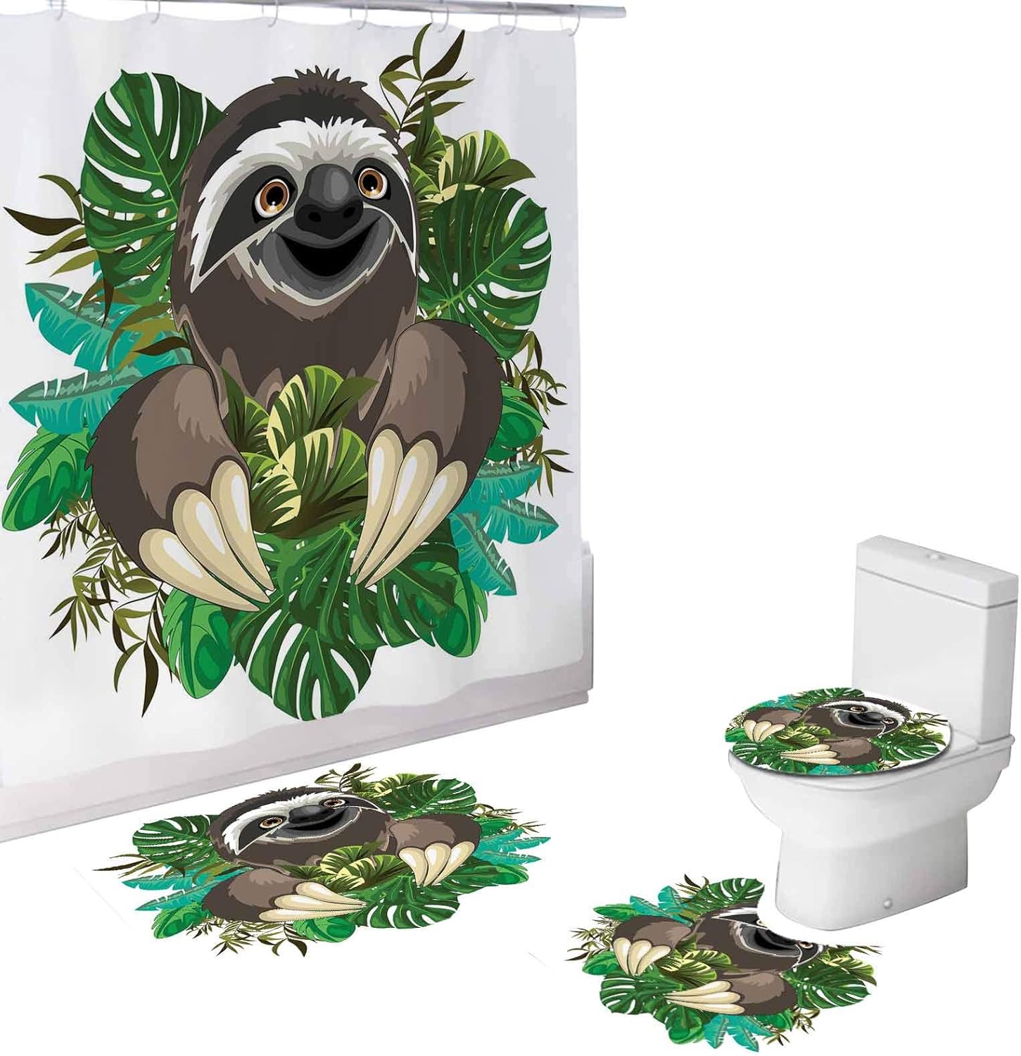 Sloth 4 PCS Bathroom Shower Curtain Sets,Cartoon Mammal on Tropical