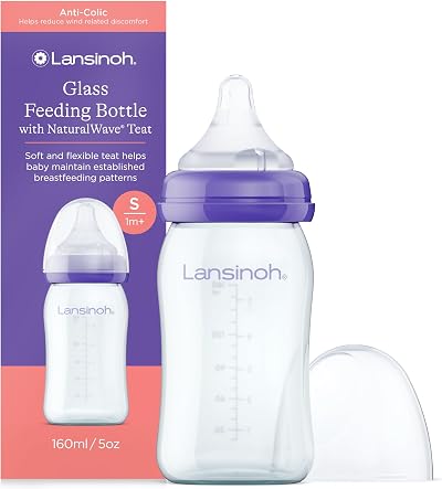 Lansinoh Glass Baby Bottle 160ml with NaturalWave Slow Flow Teat Anti Colic