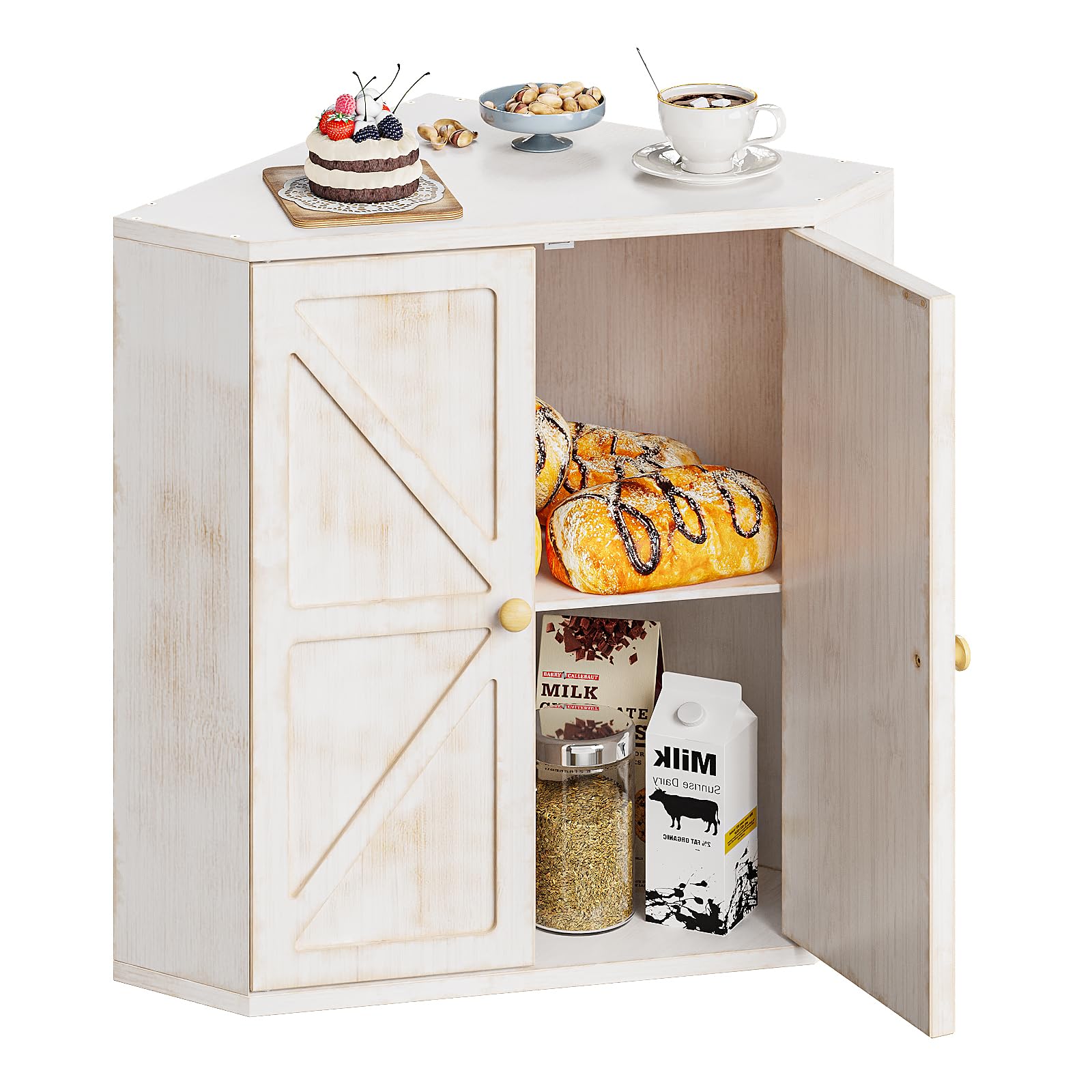 Photo 1 of **DAMAGED WOOD** Trironsun Corner Bread Box for Kitchen Counter Double Layer Bamboo Bread Storage Container Large Capacity Bread Storage Bin Farmhouse Breadbox Organizer