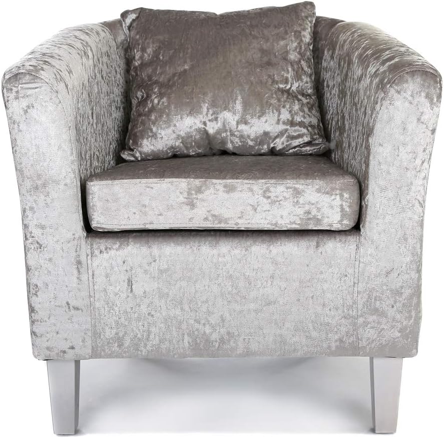 Designer Monaco Linen or Velvet Fabric Sofa Tub Chair Armchair Dining Room Living Room Reception Chair in 20 Colour Combinations (Silver Crushed Velvet + Matching Cushion)
