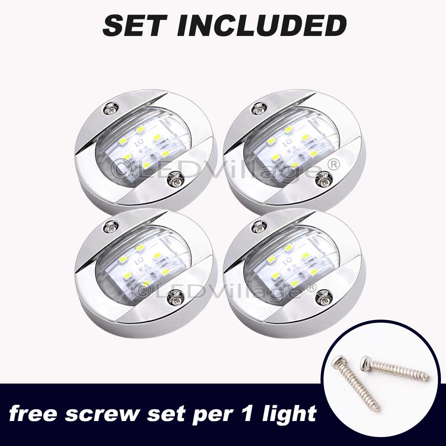 [Pack of 4] 3 Inch Ledvillage White LED Round Marine Navigation Lights with Chrome Base 6 Diodes Stern Anchor Lamp Transom Mount for Trailer Boat Truck Kayak Cab Skeeter Universal 12V DC Waterproof OT