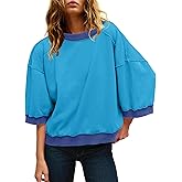 Panadila Womens Oversized Short Sleeve Sweatshirt Crewneck 3/4 Sleeve Tops Summer Cute Color Block Pullover Sweatshirt