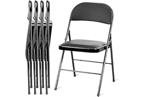 HealSmart 4 Pcs Folding Chairs with Leather Padded Cushion Seats, Back & Sturdy Metal Frame, Stackable, Portable, Commercial Event Seat, Indoor Outdoor for Parties, Home Event, Office, Black