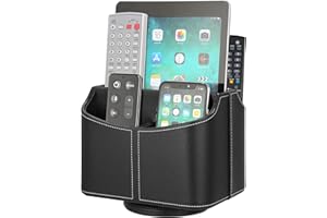 Widousy Rotating Remote Control Holder with 5 Compartments,Multifunctional PU Leather Spinning Remote Desk Supply Organizer S