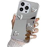 Shinymore Compatible with iPhone 16 Pro Max Mirror Case,Flexible Cute 3D Heart Soft Silicone Clear Makeup Mirror Women Girls Shockproof Protect Cover