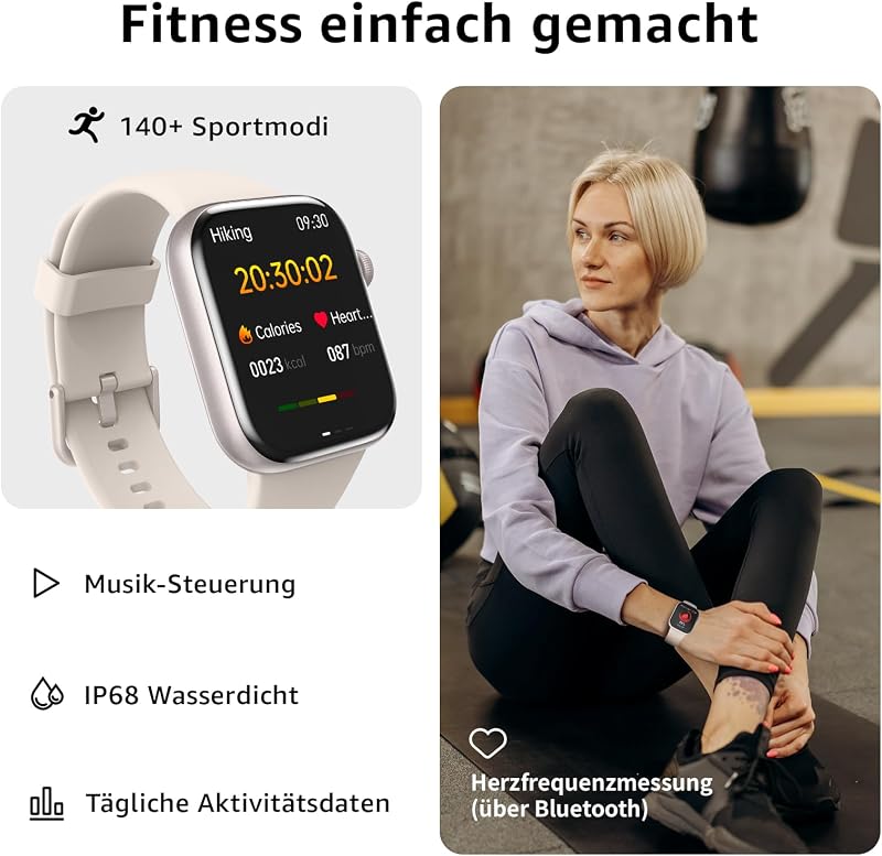Smartwatch Damen Herren, 1,85" HD Touch Fitnessuhr mit Telefonfunktion, 140+Sportmodi Smart Watch Fitness Tracker mit Pulsmesser Schlafmonitor Schrittzähler,IP68 Fitnessuhr für iOS Starlight