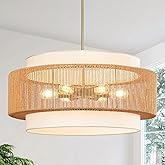 25.6" Rattan Chandelier, 6-Light Large Rattan Pendant Light with Fabric Lampshade, Farmhouse Boho Light Fixture Ceiling Hangi