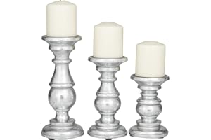 Deco 79 Traditional Mango Wood Pillar Candle Holder, Set of 3 10", 8", 6"H, Silver