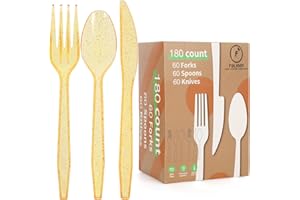 FULJOOY 180Pcs Clear Yellow Plastic Silverware Heavy Duty Plastic Cutlery Set Heavyweight Disposable Flatware Includes Spoons Forks Knives Cutlery Set for Wedding Birthday Party Supplies Everyday Use