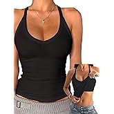 Danysu V Neck Cotton Tank Tops with Built-in Shelf Bra Sleeveless Racerback Fitted Basic Cami Shirts