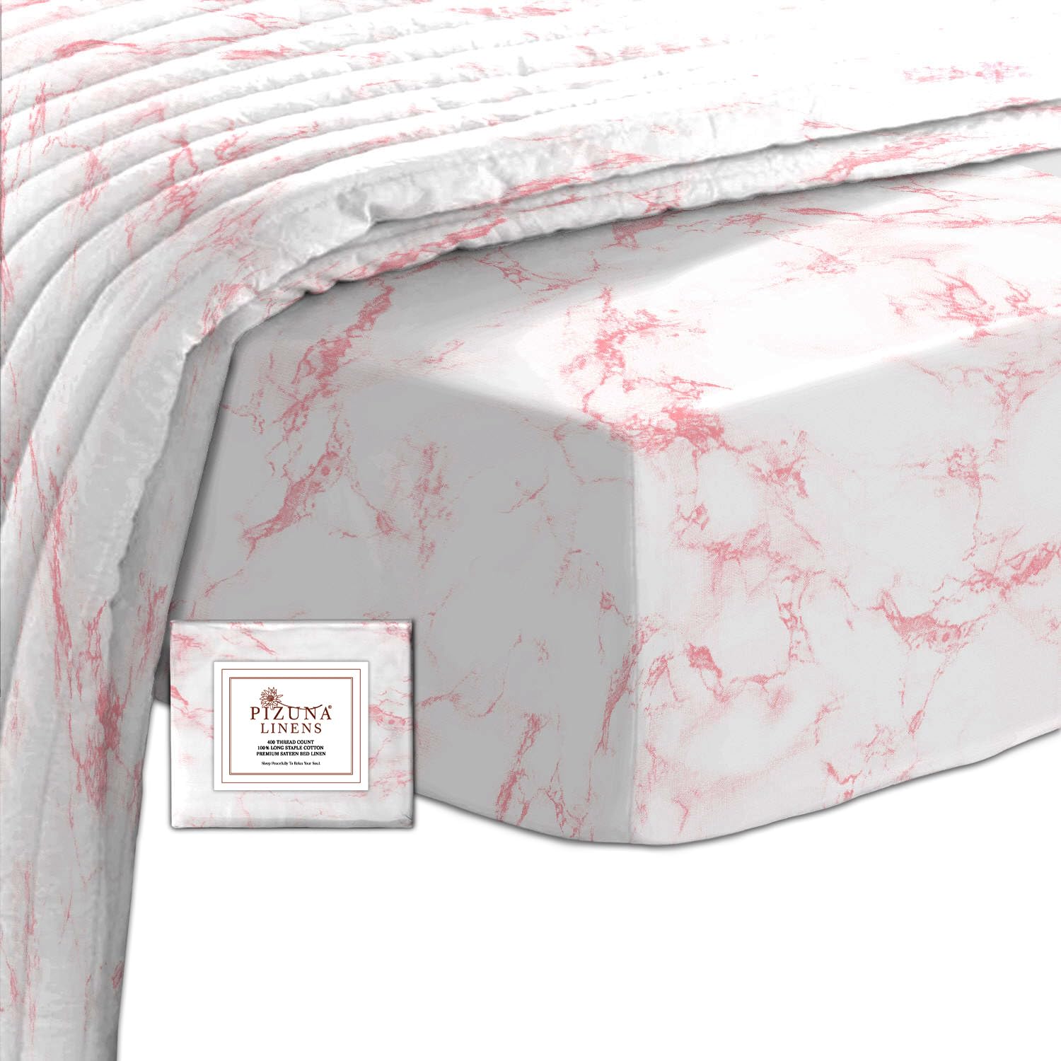 Pizuna Carrara Marble Pink Print Small Double Fitted Sheet Cotton 1 Pc, 400 thread Count 100% Long Staple Cotton Bedding, Sateen 40 cm Deep Pocket 3 Quarter Bed Sheets 120x200 (Printed Fitted Sheet) — image 1