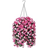 Ammyoo Artificial Flowers in Hanging Basket for Outdoors Spring Decor, Fake Mums Flowers Faux Plants with Basket for Indoors Home Porch Garden Yard Patio Decoration (Twin Pink)