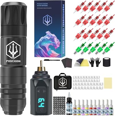 POSEIDON Wireless Tattoo Pen Kit 1500mAh Battery 20 Needles Professional