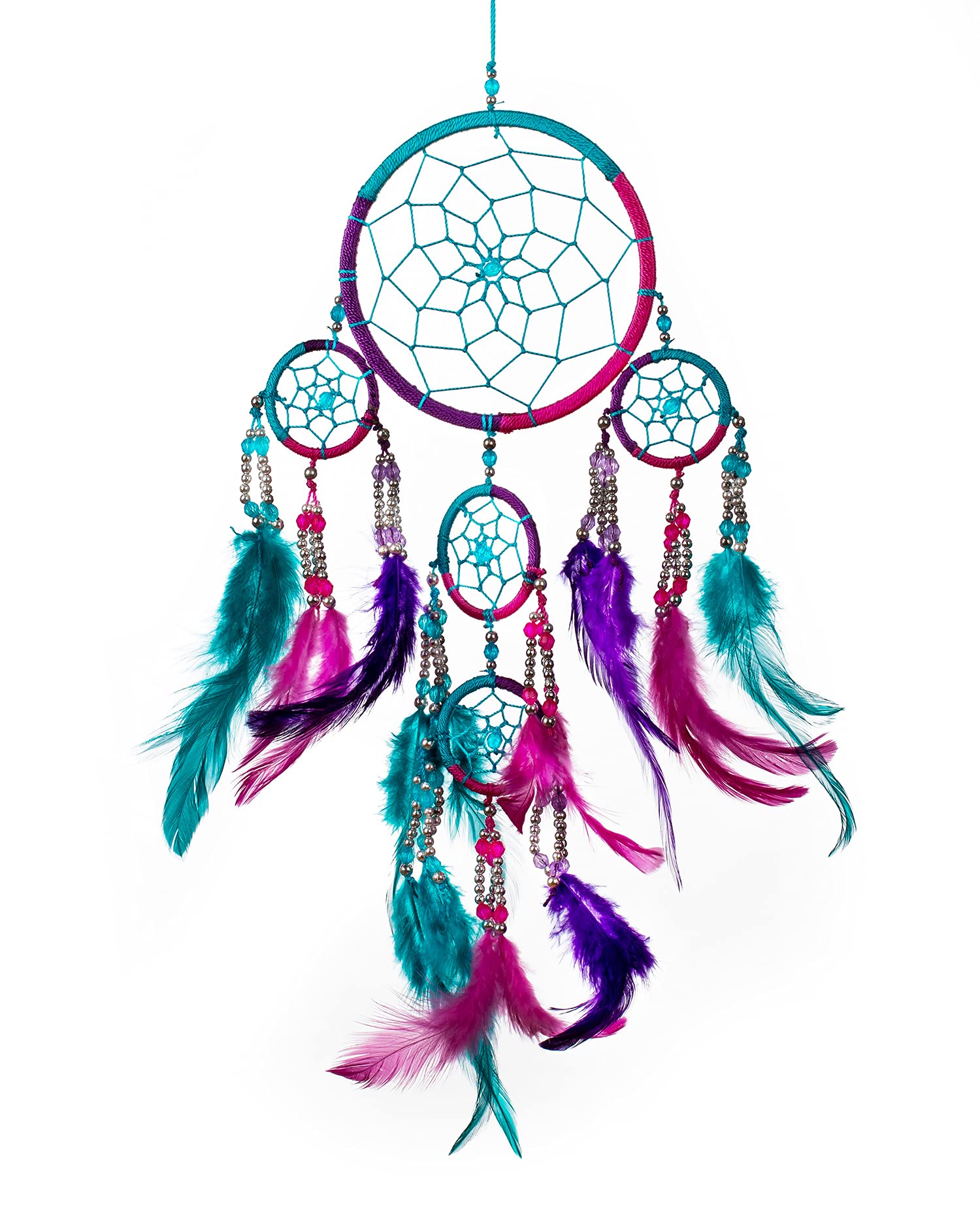 Pink Pineapple Small Handmade Bohemian Dream Catcher Ethical Hanging Dreamcatcher Wall Art with Aqua Blue, Pink and Purple Feathers and Silver Beads with Traditional Crochet Design (12 x 35 cm)