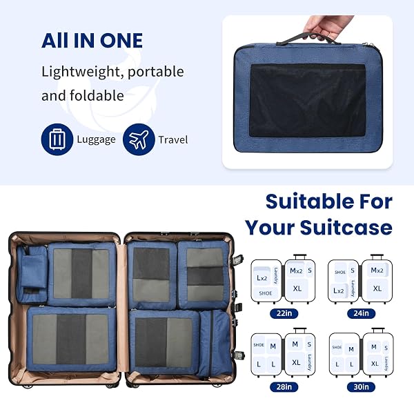 PREZON COMPRESSION PACKING CUBES FOR TRAVEL, LIGHTWEIGHT VACATION TRAVEL ESSENTIALS, TRAVEL ACCESSORIES FOR SUITCASE ORGANIZER BAGS SET, DURABLE LUGGAGE ORGANIZER, 8 SET, SQURE MESH, TEAL