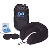 Everlasting Comfort Memory Foam Neck Pillow Travel Kit With Ultra Plush Velour Cover, Sleep Mask and Earplugs